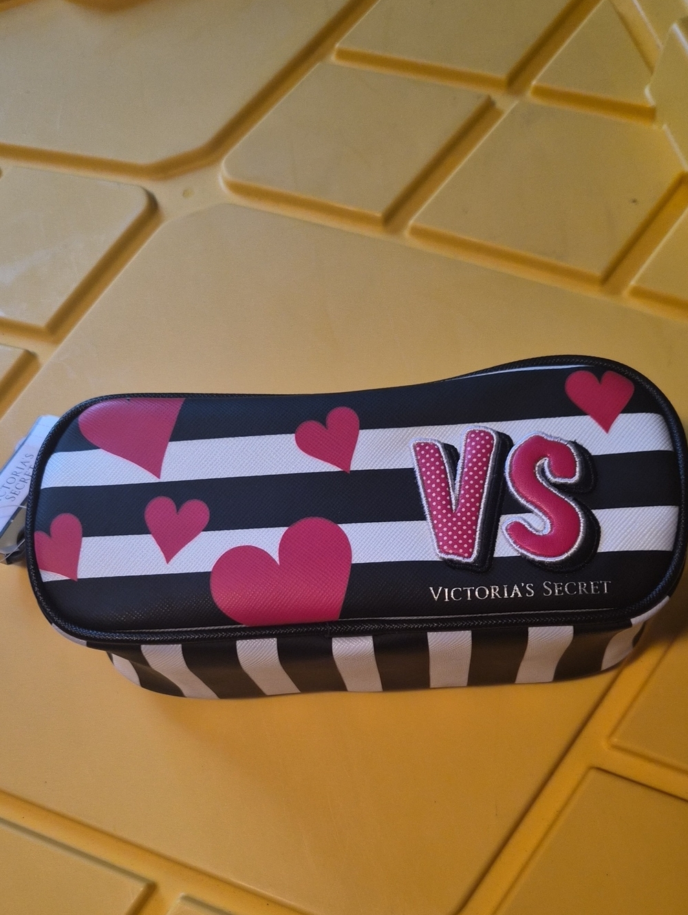 Victoria's Secret Black & White Stripe Cosmetic Pouch with  Hearts